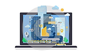 City andscape on laptop computer screen, skyscraper buildings, cityscape vector Illustration on a white background