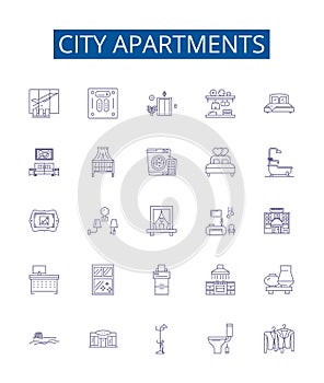 City apartments line icons signs set. Design collection of Apartments, City, Accommodation, Housing, Rent, Residence