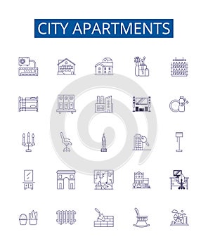 City apartments line icons signs set. Design collection of Apartments, City, Accommodation, Housing, Rent, Residence