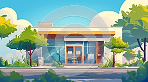 City architecture construction, medical institution and health care infrastructure Cartoon modern illustration. Exterior photo