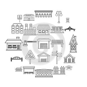 City architecture icons set, outline style