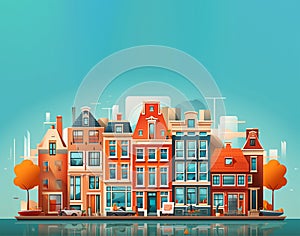 City architecture illustration, colorful buildings in Amsterdam Holland