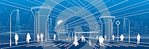 City architecture. Infrastructure illustration, transport overpass, big bridge, urban scene. Bus move. People walking at street. N