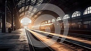 City architecture of old train station. Train arrives at busy railroad station. Urban transportation