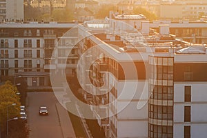 City architecture with sunset across horizon. Urban background