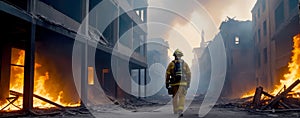 City in Ashes, Inspiring Firefighter Panorama, AI Generated