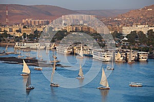 City of Aswan, Egypt with boats on the Nile