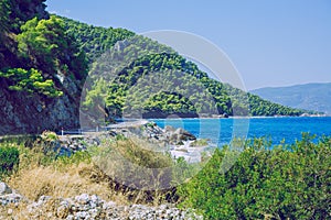 City Athens, Greek Republic. Beach and blue water. Green nature 14. Sep. 2019