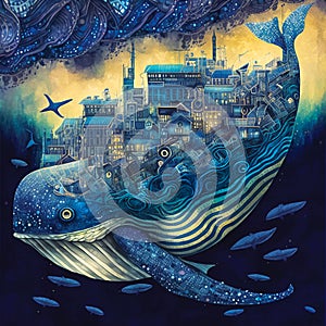 City on back of whale, abstract collage painting, digital illustration, wall art