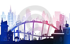 City background with roads, bridges and cars