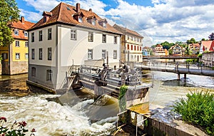 City of Bamberg weir on the left Regnitz arm