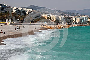 City and beach on bank of sea gulf. Nice, France