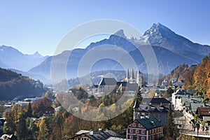 The city of Berchtesgaden in front of the Watzmann Mountains, Germany