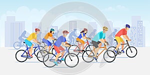 City bicycle sport marathon. Vector flat cartoon bike race illustration. Cyclist people on urban landscape background