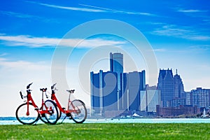 City bicycles on Sunset Point over Detroit river