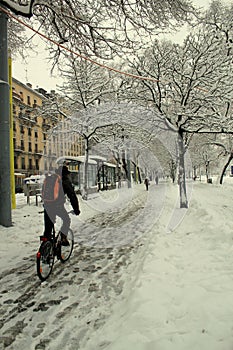 City biker in the snow