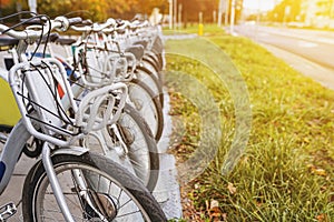 City bikes for rent standing in a row