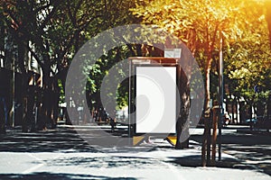 City blank billboard mockup in on the bus stop