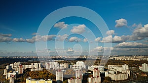 City block. Modern multi-storey buildings. Flying at dusk at sunset. Aerial photography