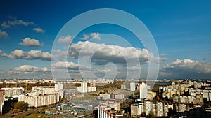 City block. Modern multi-storey buildings. Flying at dusk at sunset. Aerial photography