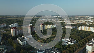 City Block. Modern Multi-Storey Buildings. Flying At Dusk At Sunset. Aerial photography