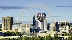 City of Boise Idaho skyline and hot air balloon