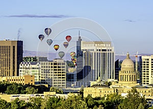 City of Boise skyline with hot air balloons