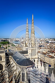 City of Bordeaux and Saint-Andre Cathedral Aerial view, France