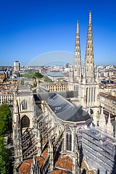 City of Bordeaux and Saint-Andre Cathedral Aerial view, France