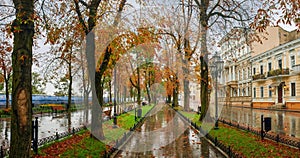 City boulevard in rainy autumn day. Prymorskyi bulvar, Odesa, Ukraine