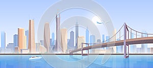 City bridge landscape vector illustration, cartoon flat modern futuristic metropolis concept, downtown cityscape with