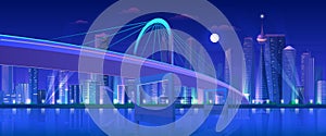 City bridge at night vector illustration. Cartoon flat modern urban neon futuristic skyline, cityscape tower skyscrapers