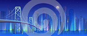 City bridge at night vector illustration, cartoon flat modern urban skyline, blue futuristic cityscape with skyscrapers