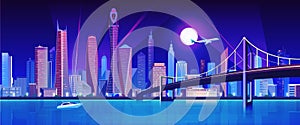 City bridge over water bay at night vector illustration. Cartoon flat modern bridge to downtown futuristic neon