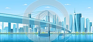 City bridge over water bay vector illustration, cartoon flat modern new bridge to downtown futuristic metropolis, blue