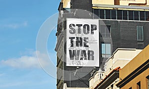 City building, banner or sign to stop war in Ukraine, Russia or opinion for peace, support and solidarity. Poster