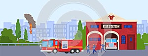 City building, fire station, emergency fire truck, vehicle safety, protection equipment, design, cartoon style vector