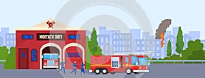 City building, fire station, emergency fire truck, vehicle safety, protection equipment, design, cartoon style vector
