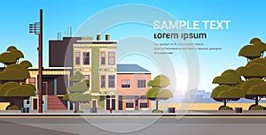 City building houses exterior modern town street in summer season sunset cityscape background horizontal flat copy space