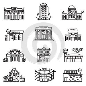 City building icons set with white background.