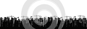 City building landscape. Silhouettes black skyscrapers under construction with cranes against white background.