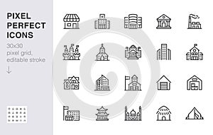 City building line icons set. Hospital, hotel, bank, mall, government hall, castle, police minimal vector illustrations