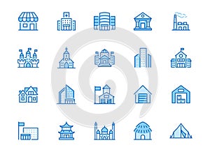 City building line icons set. Hospital, hotel, bank, mall, government hall, castle, police minimal vector illustrations