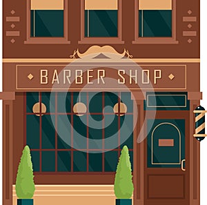 City building vintage facade barbershop vector illustration. Cartoon house exterior front view men s salon.