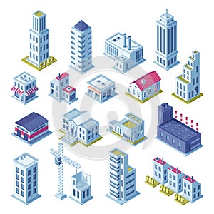 City buildings 3d isometric projection for map. Houses, manufactured area, storage, streets and skyscraper building