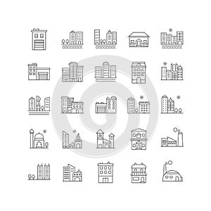 City buildings, architectural and cityscape icon set