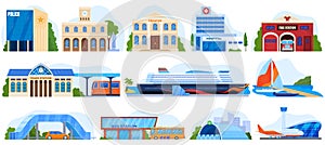 City buildings, architecture set of vector illustrations. Social services. Post office, fire station, police department