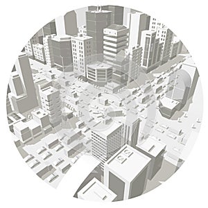 City buildings in the circle. Background street In light gray tones. 3d road Intersection. City projection view. Vector horizontal