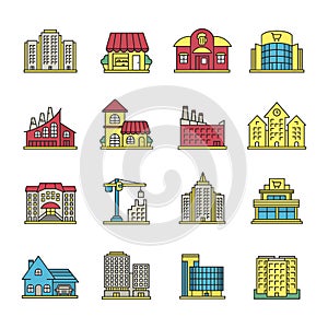 City buildings color icons set