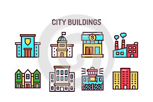 City buildings color line icons set. Isolated vector element.